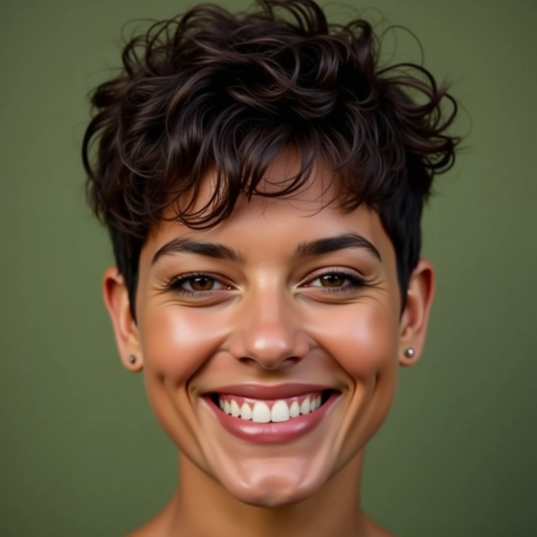 Close-up de mulher com pixie cacheado e moderno em estúdio com fundo vibrante.