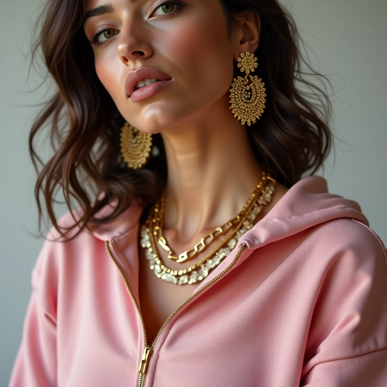 Close-up de mulher estilosa com conjunto de moletom e acessórios statement.