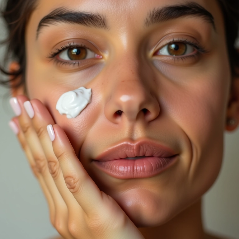Close-up de mulher hidratando a pele do rosto com creme.