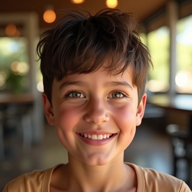 Close-up de mulher jovem com corte pixie moderno em café ensolarado.