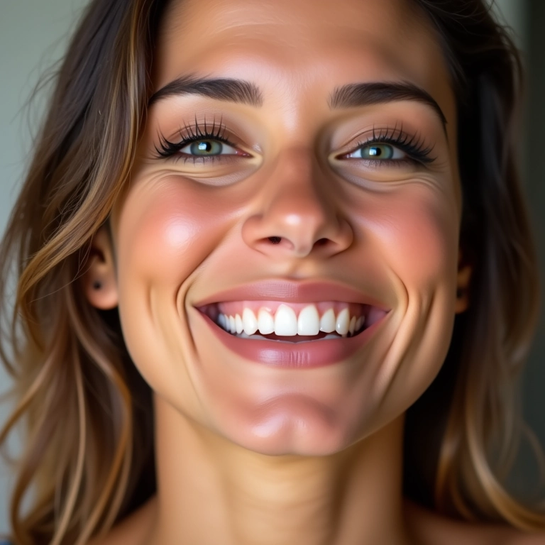Close-up de mulher sorrindo com cílios longos e volumosos, maquiagem natural para o Dia das Mães.