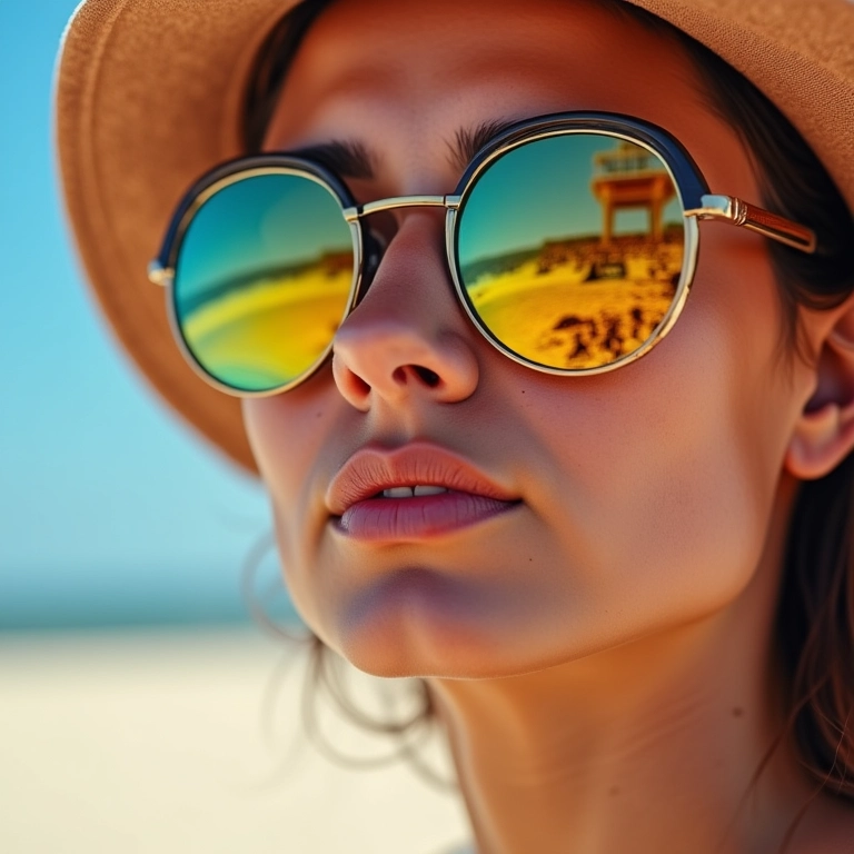 Close-up de óculos com lentes coloridas, clima de praia.