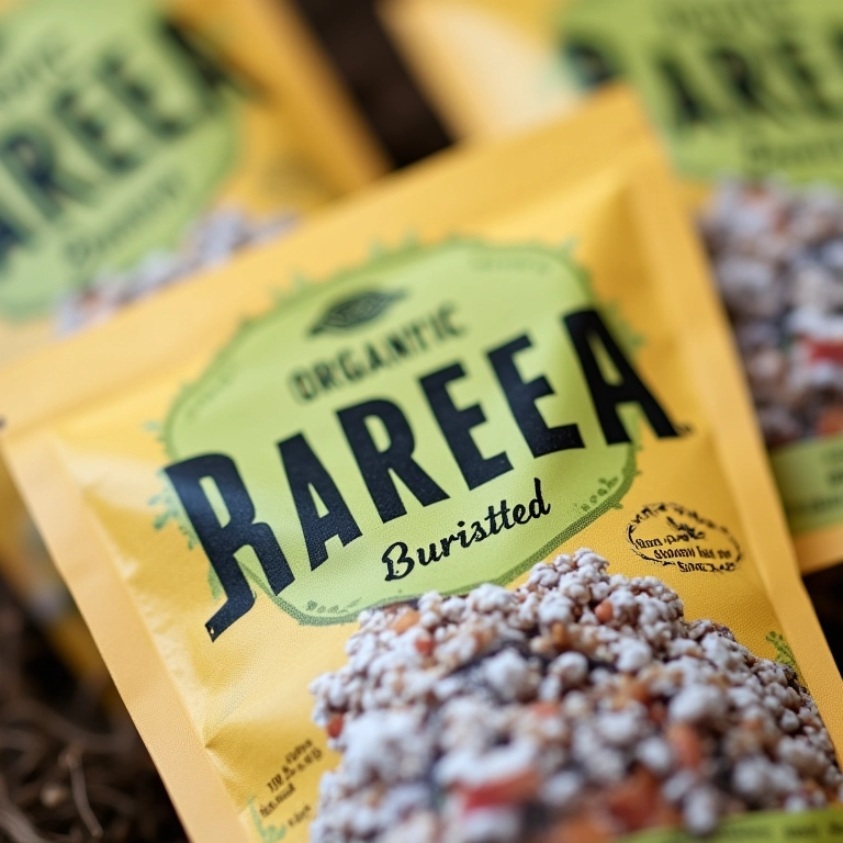 Close-up de pacotes de sementes orgânicas Isla, com foco na qualidade das sementes.