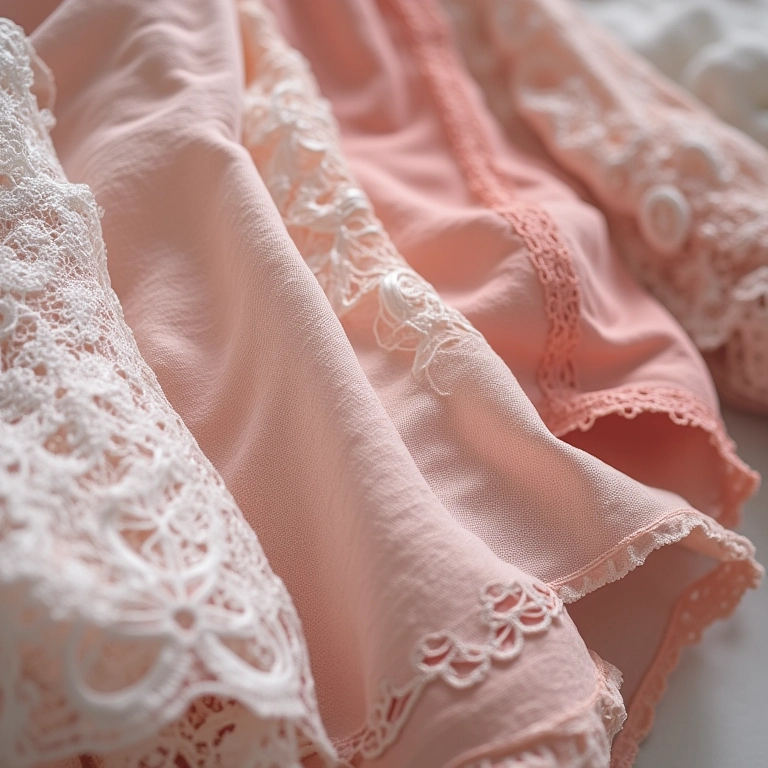 Close-up de peças de lingerie em diferentes tecidos: renda, seda e algodão.