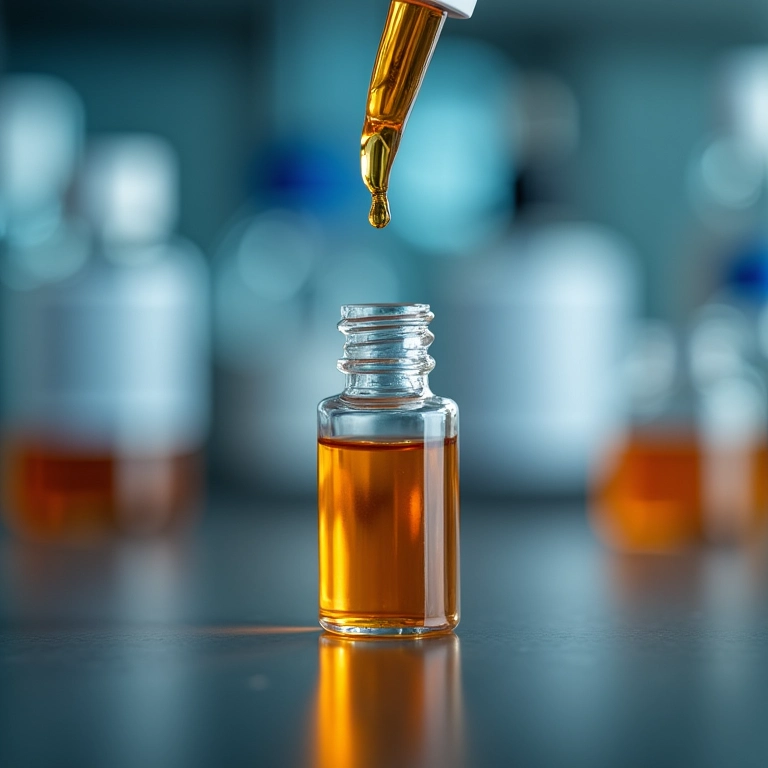 Close-up de peptídeos de cobre sendo dispensados, com foco no líquido dourado e fundo científico.