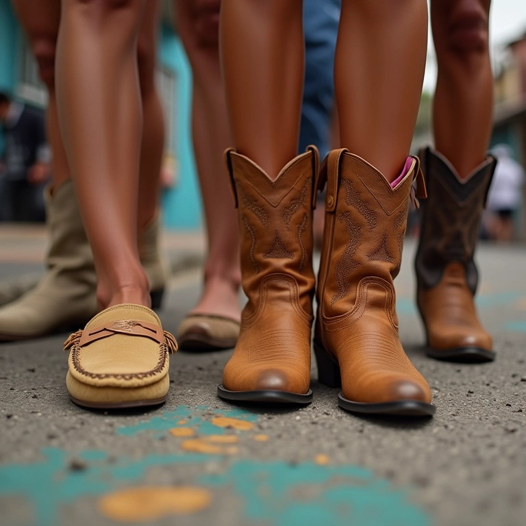 Close-up de pés femininos diversos mostrando mocassim mule e bota western em rua brasileira vibrante.