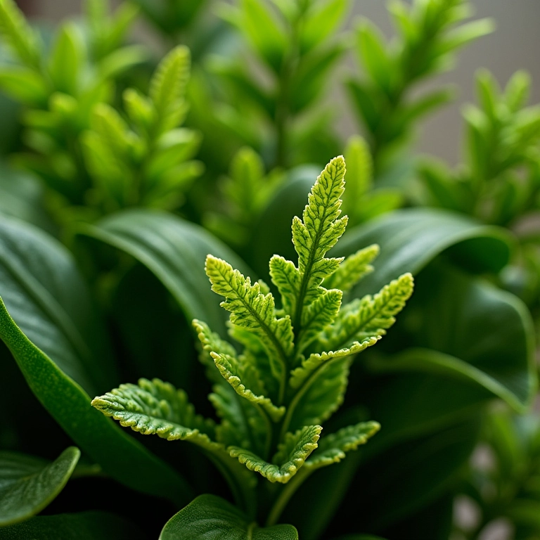 Close-up de plantas artificiais realistas: samambaias, suculentas e orquídeas.