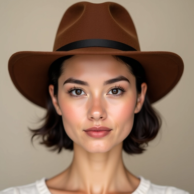 Close-up de rosto feminino com diferentes chapéus Fedora.