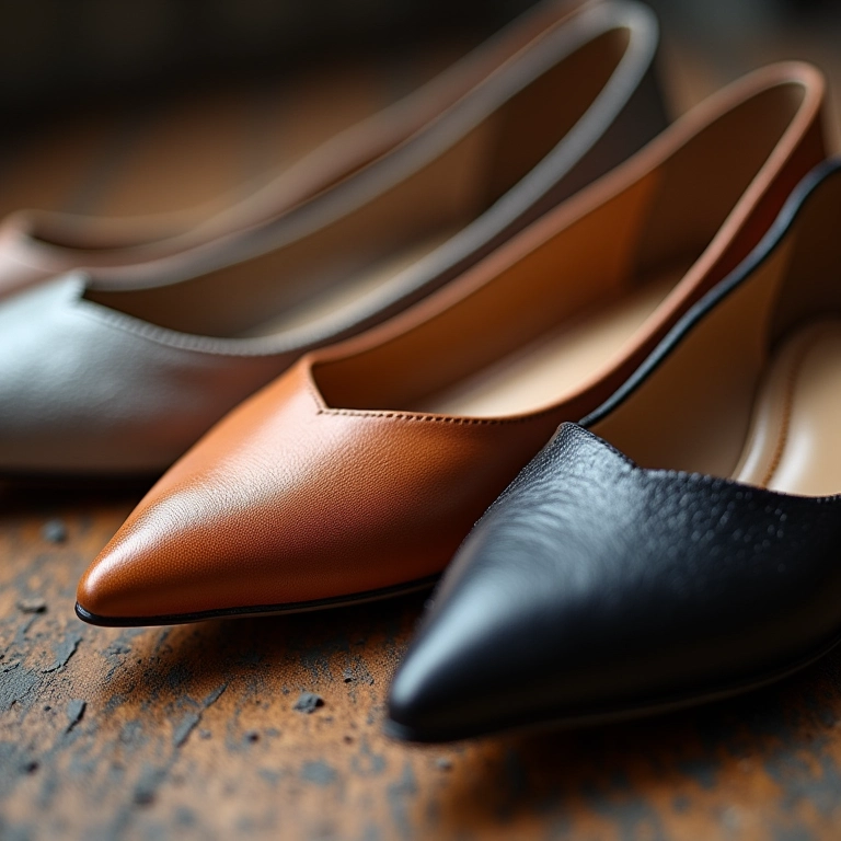 Close-up de sapatilhas de bico fino em couro, tecido e material sintético.