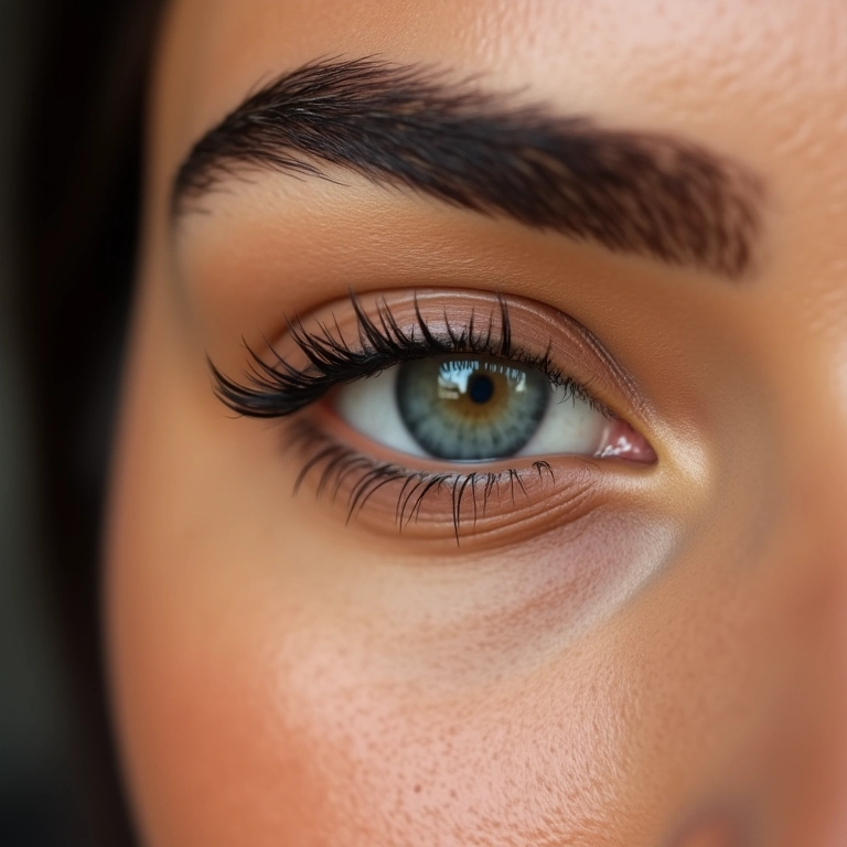 Close-up de sobrancelhas perfeitamente desenhadas em uma mulher brasileira.