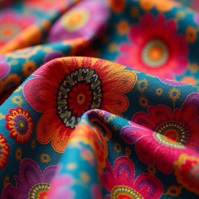 Close-up de tecido Chita colorido com padrões florais vibrantes, mostrando sua importância histórica na moda brasileira.