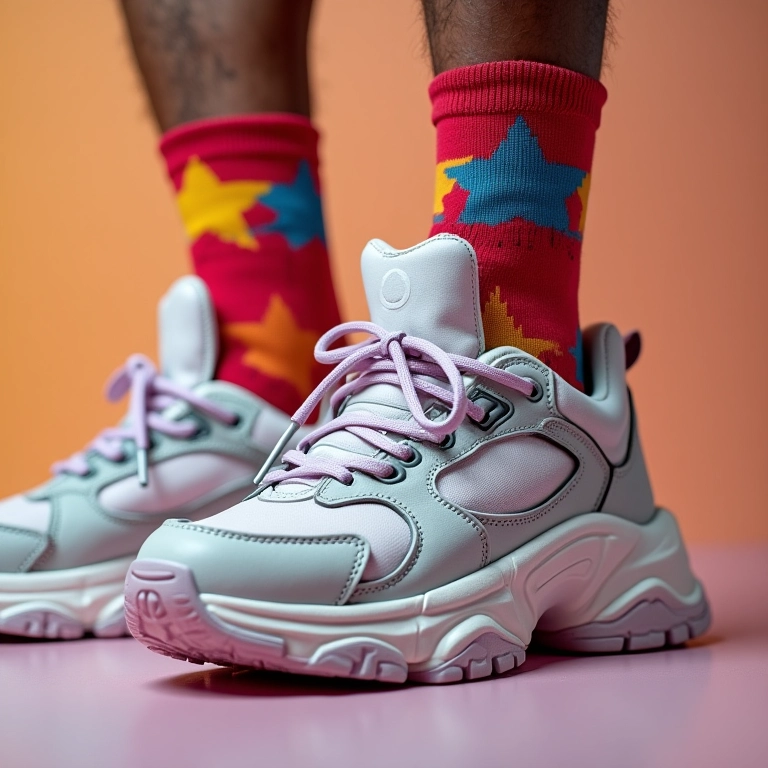 Close-up de tênis chunky com meias coloridas, tendência Acubi Fashion.