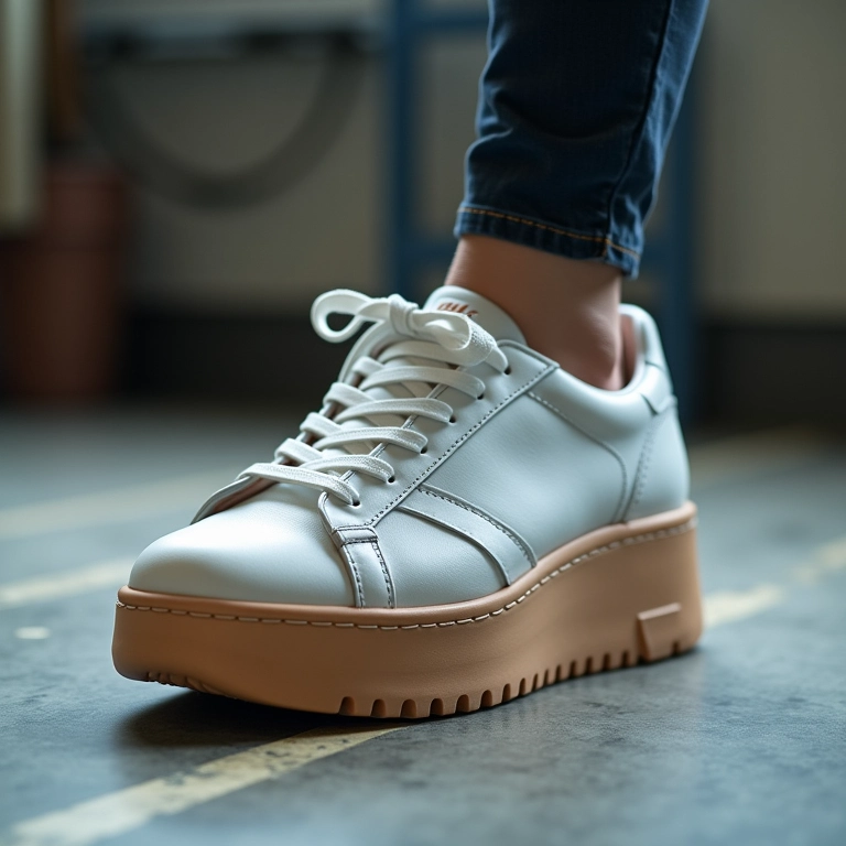 Close-up de tênis plataforma, ideal para alongar a silhueta.