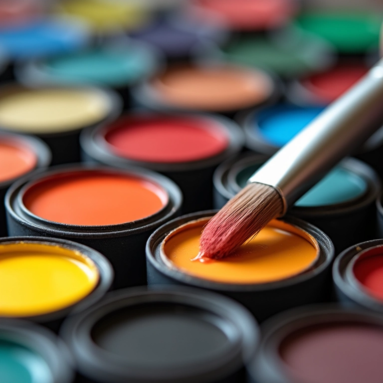 Close-up de tintas e pincéis coloridos usados para lettering decorativo.