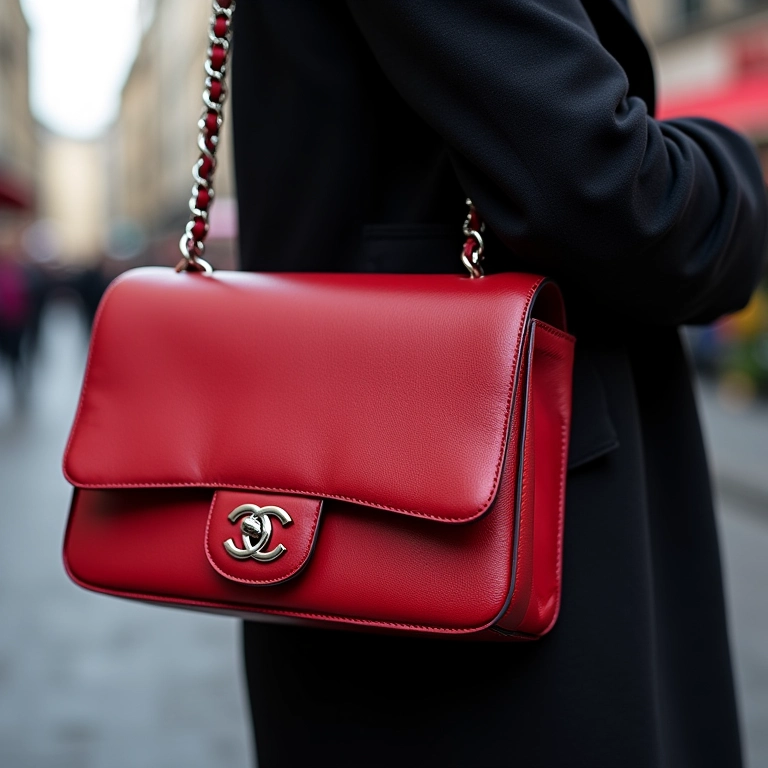 Close-up de uma bolsa Chanel 2.55 pendurada no ombro de uma mulher.