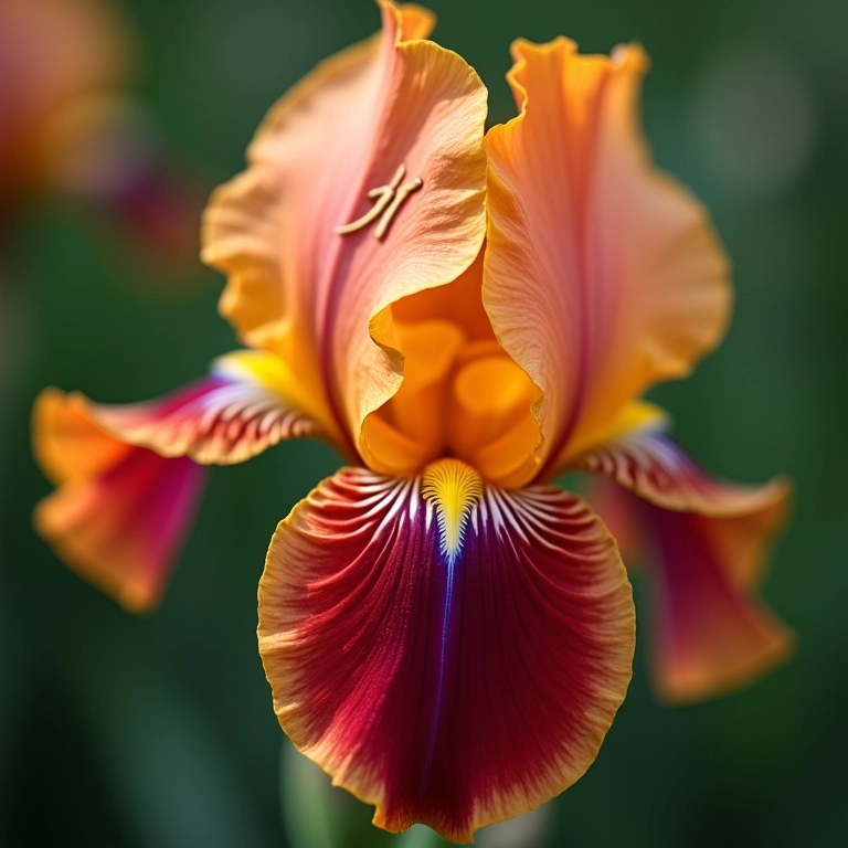 Close-up de uma flor de íris com cores vibrantes, com o nome Íris delicadamente escrito em uma pétala.