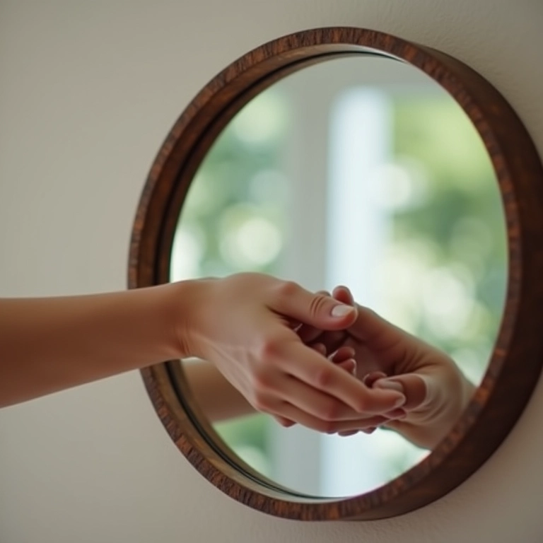 Close-up de uma mão selecionando um espelho com moldura única, atenção aos detalhes.