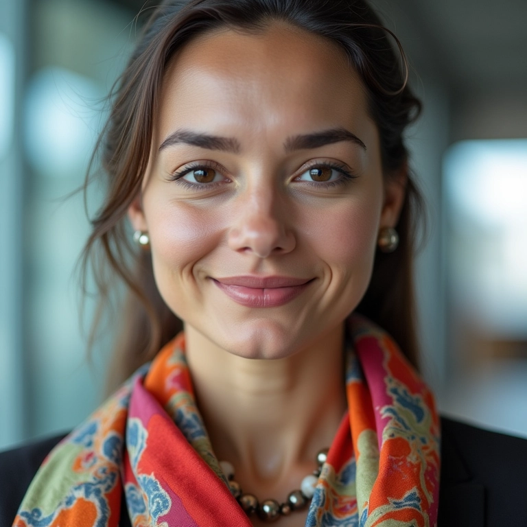 Close-up de uma mulher usando um lenço, colar e brincos coloridos.