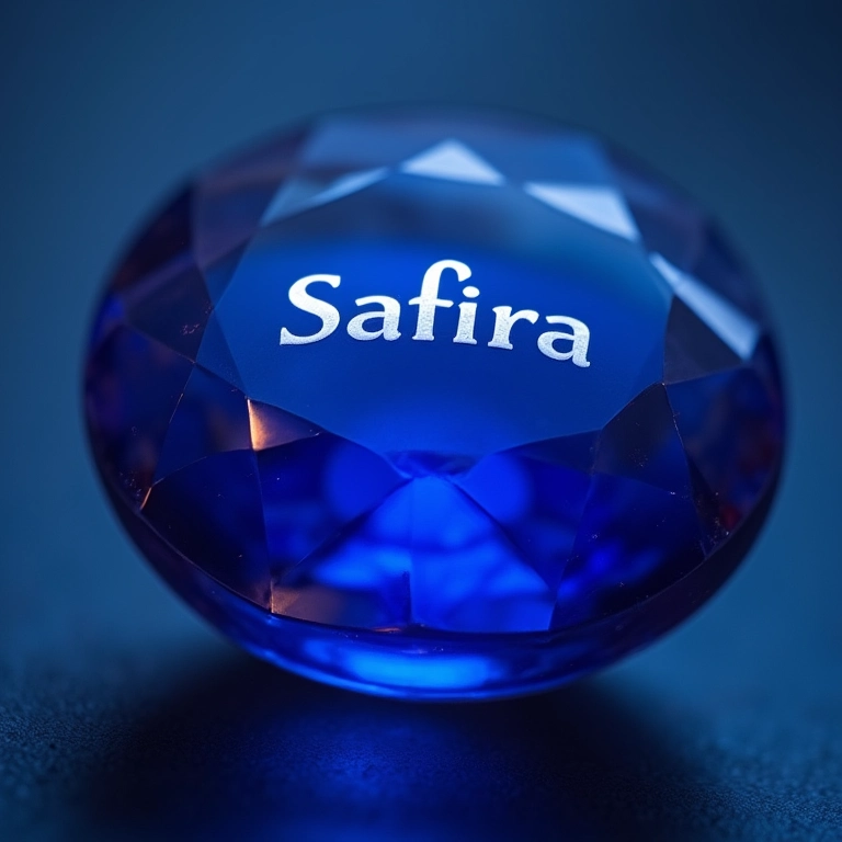 Close-up de uma safira, com o nome Safira gravado na superfície.
