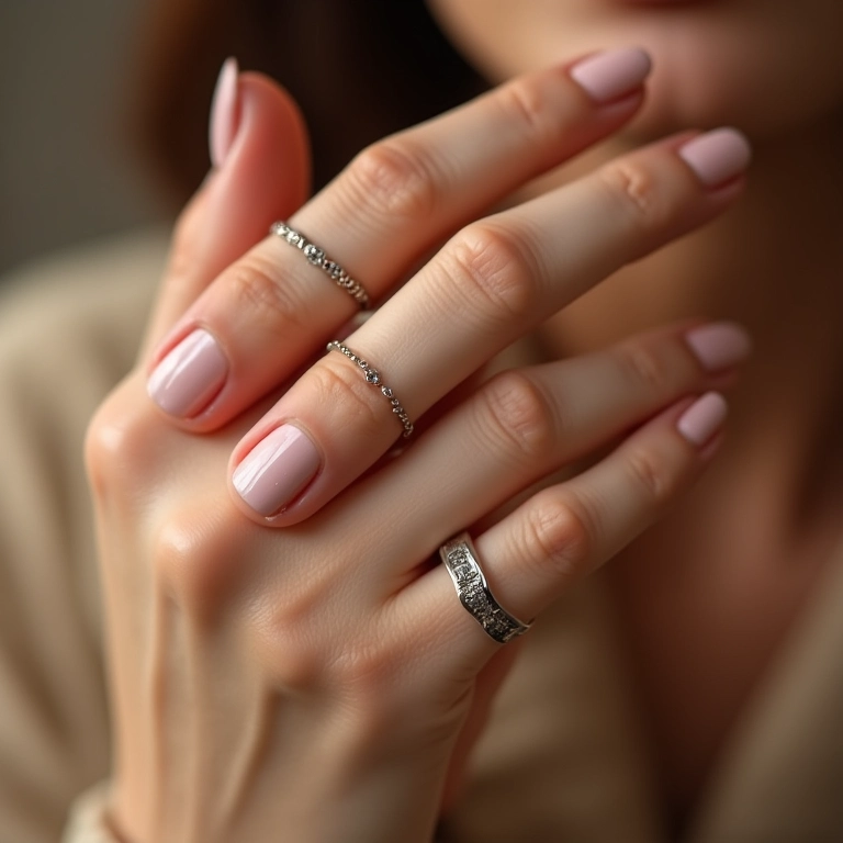Close-up de unhas perfeitamente feitas combinadas com anéis delicados.
