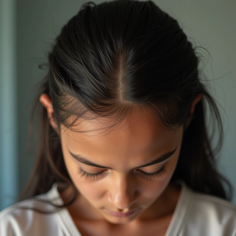 Close-up do couro cabeludo mostrando áreas de cabelo ralo.