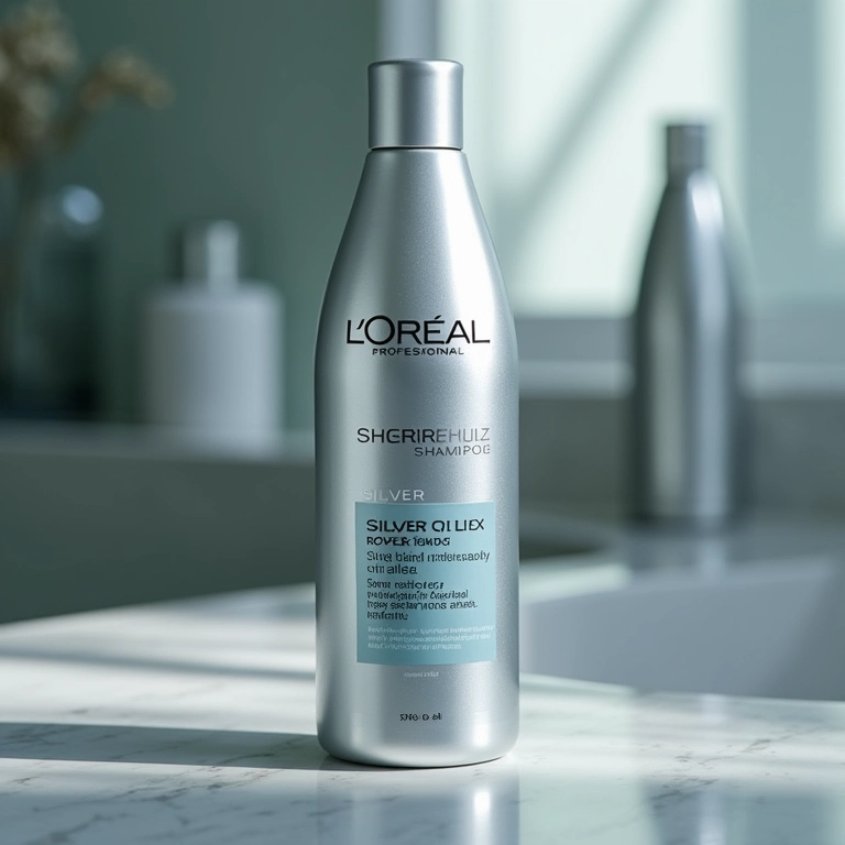 Close-up do frasco de shampoo L'Oréal Professionnel Silver Reflex.