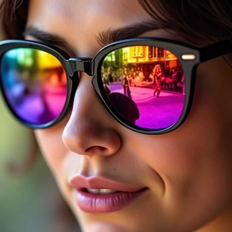 Close-up do rosto de uma mulher com lentes coloridas refletindo um mercado vibrante.