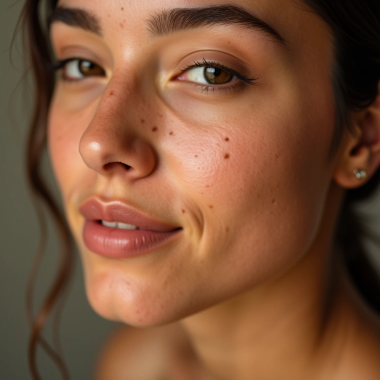 Close-up do rosto de uma mulher com poros levemente visíveis, pele saudável e radiante.