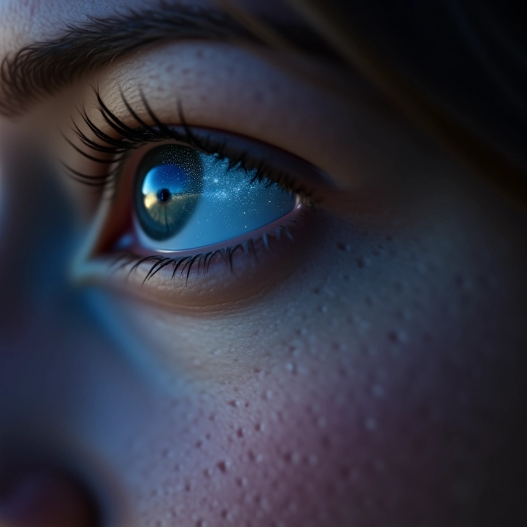 Close-up do rosto de uma mulher, olhos refletindo céu estrelado, representando sensibilidade.
