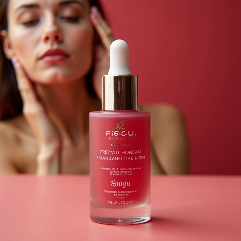 Close-up do Sérum Facial Ruby Rose Melancia com mulher aplicando.