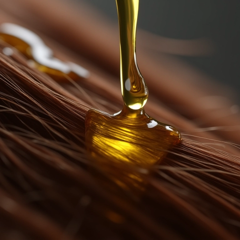 Close-up mostrando o óleo de rícino reparando fios de cabelo danificados.