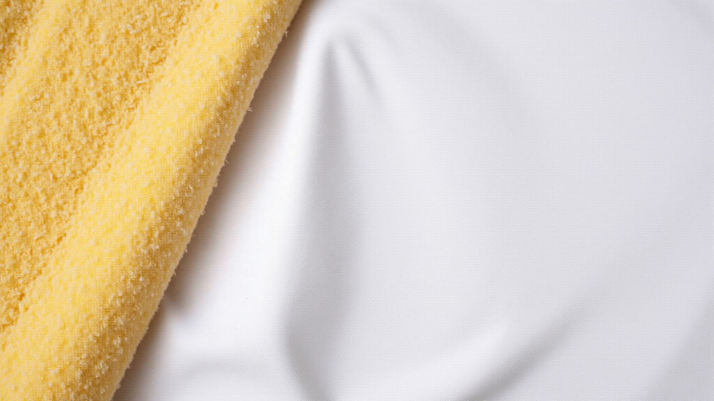 Close-up of a rough towel next to a soft cotton t-shirt, illustrating the importance of using the Erros comuns no plopping: escolha a toalha certa.