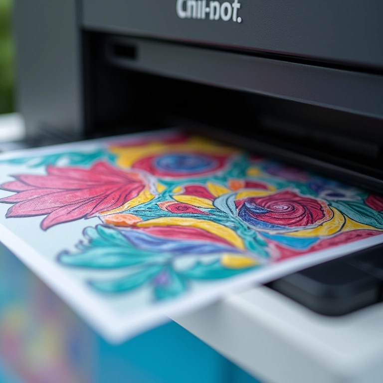 Close-up of a vibrant craft project being printed with a laser printer, showcasing the toner's Impressão colorida de artesanato mostrando a qualidade do toner.