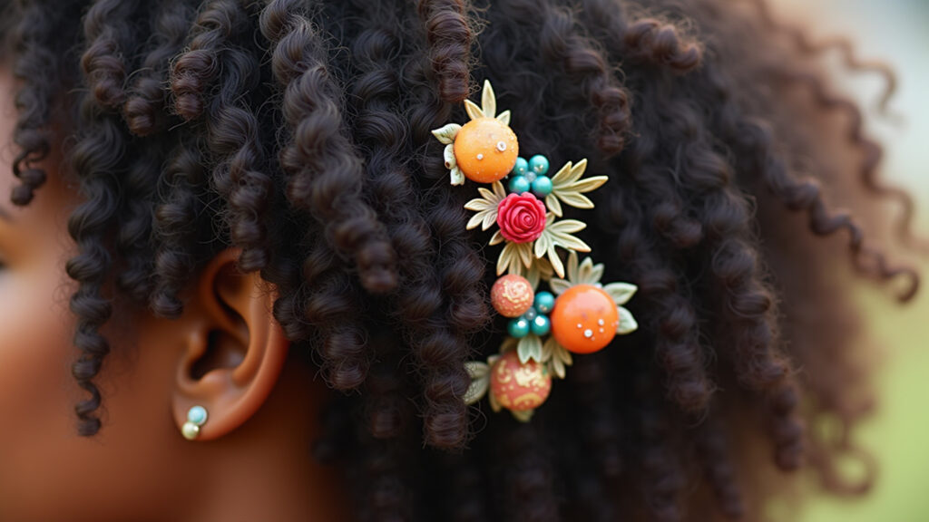 Close up of decorated hair pins in curly hair, natural light, professional photography, 8K quality, Grampos decorados em cabelo cacheado.