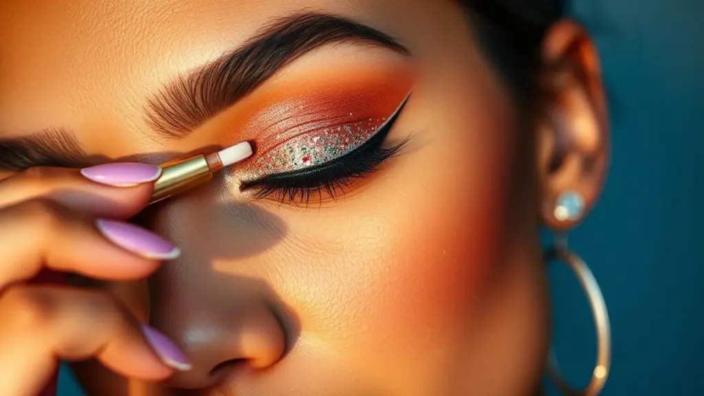Mulher brasileira aplicando delineador com glitter para o Réveillon