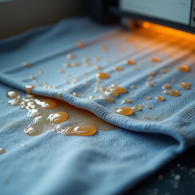 Close-up of toner being used on fabric, showing the resin adhering to the fibers. Professional Toner com resina aderindo ao tecido em projeto de artesanato.