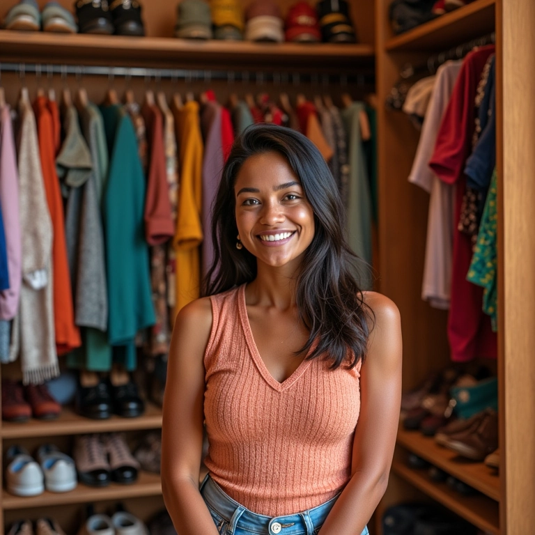 Closet organizado com diversas soluções de armazenamento de sapatos, estilo Farm Rio.