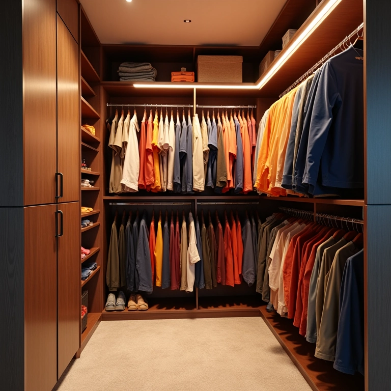 Closet organizado com roupas coloridas e iluminação natural, estilo brasileiro.