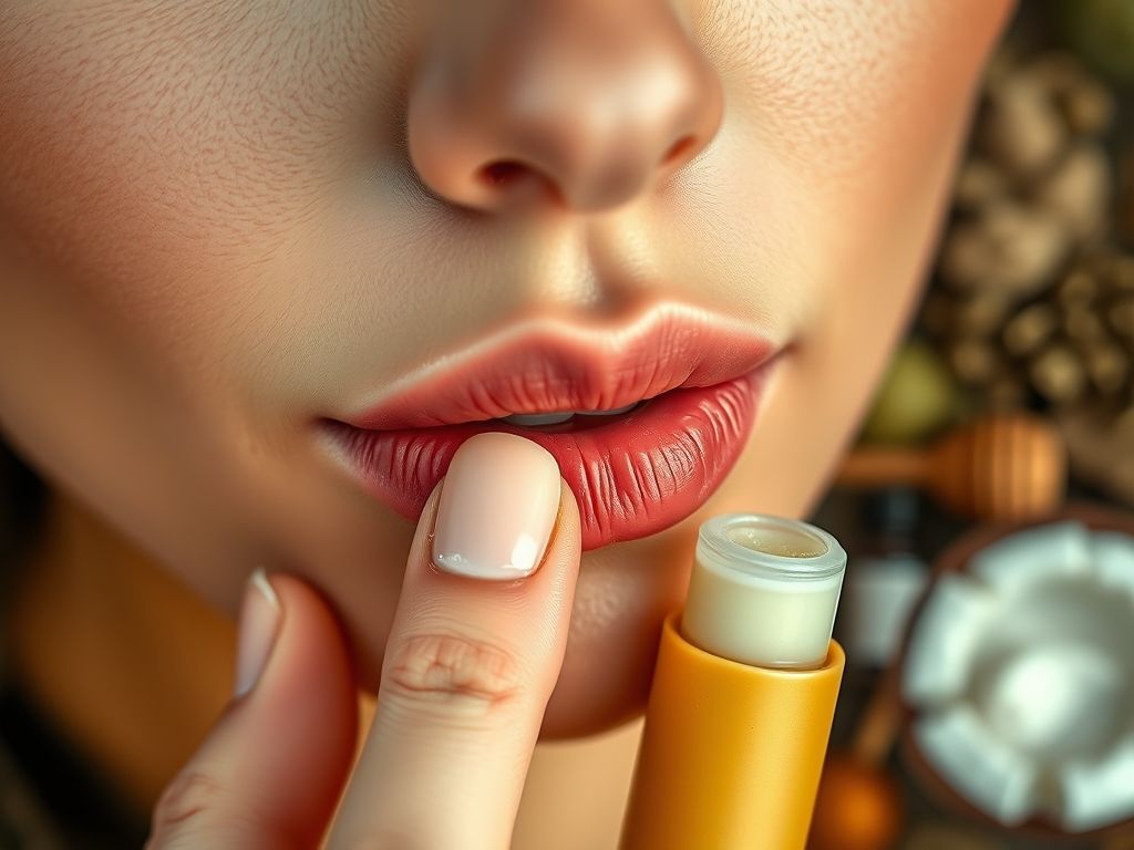 Lábios femininos sendo hidratados com protetor labial natural caseiro, com ingredientes como mel, óleo de coco e manteiga de karité ao fundo.