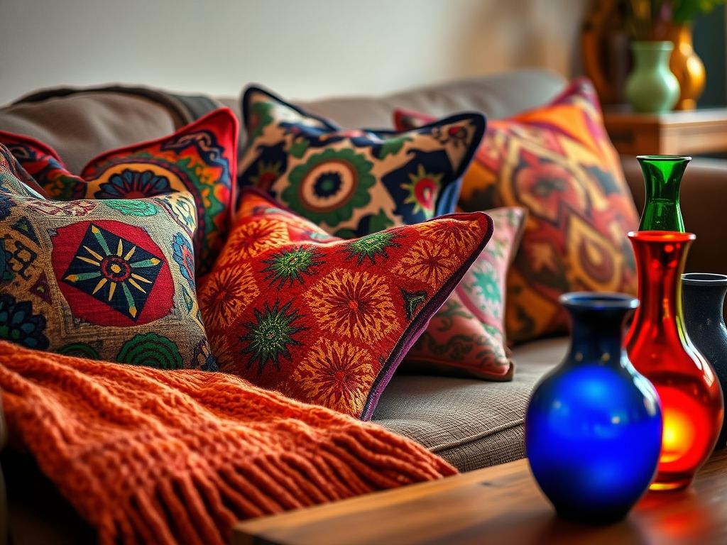 Detalhe de acessórios decorativos coloridos em uma sala de estar, incluindo almofadas estampadas, uma manta aconchegante e vasos coloridos.