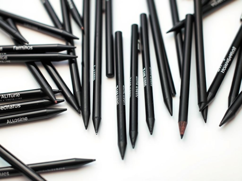 Close-up de vários tipos de lápis de olho preto (comum, kajal, à prova d