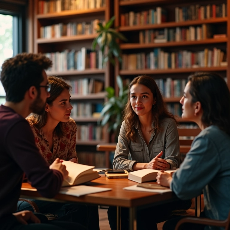 Clube do livro discutindo uma história em uma biblioteca aconchegante.