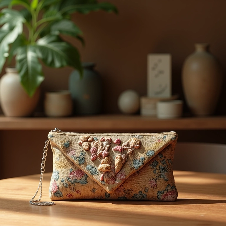 Clutch escultural sobre mesa com artesanato brasileiro.