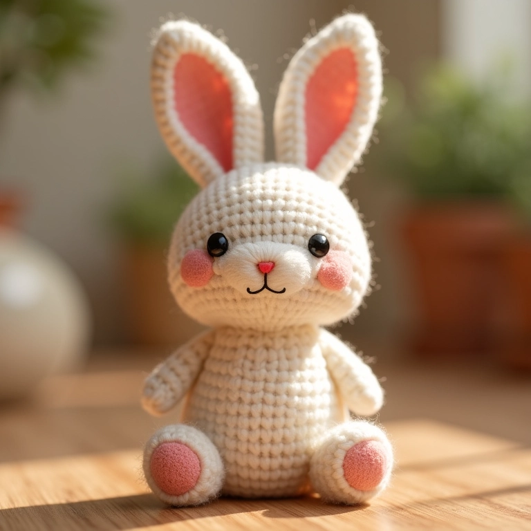 Coelho de amigurumi feito com algodão não mercerizado, mostrando a maciez e o conforto.