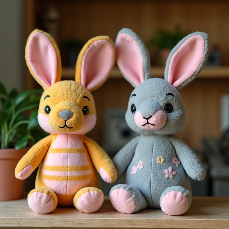 Coelhos de pelúcia artesanais com designs únicos.