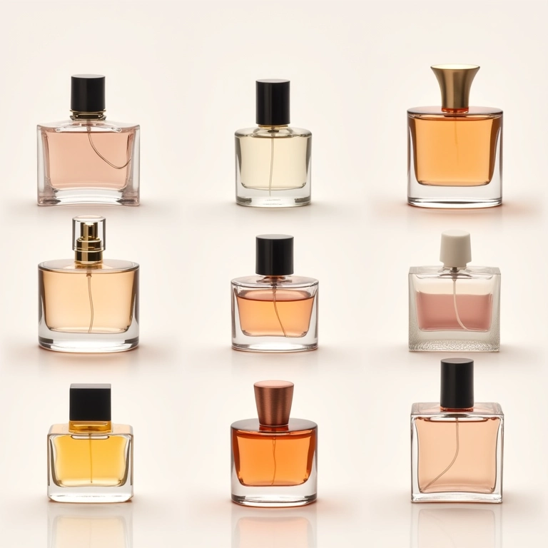 Colagem de 7 frascos de perfumes diferentes, fragrâncias aconchegantes para o inverno.