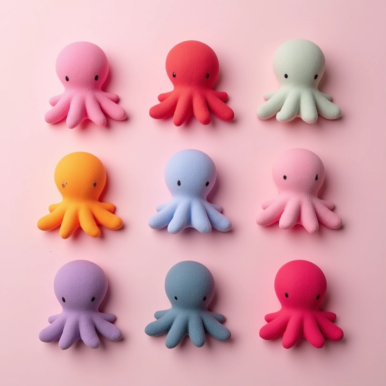 Colagem de esponjas de maquiagem em formato de polvo em diversas cores vibrantes.