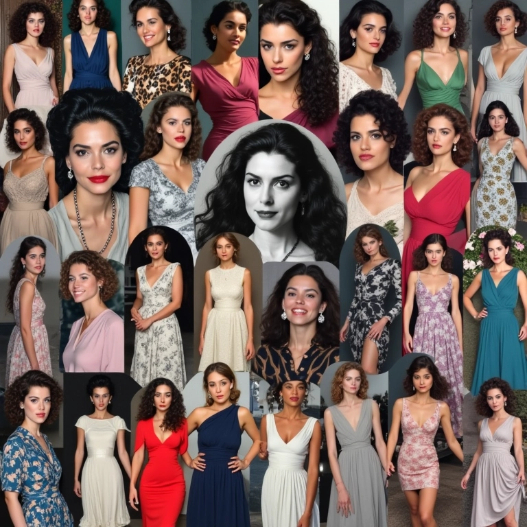 Colagem de fotos vintage mostrando Diane von Furstenberg ao longo dos anos.