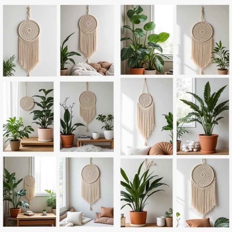 Colagem de imagens mostrando elementos de decoração boho chic em diferentes ambientes.
