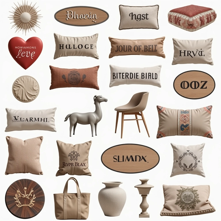 Colagem de logos de marcas de moda e itens de decoração em ambiente claro e vibrante.